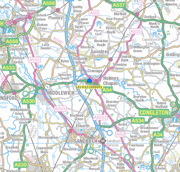 Map display plotting top search result which indicates Holmes Chapel is a village