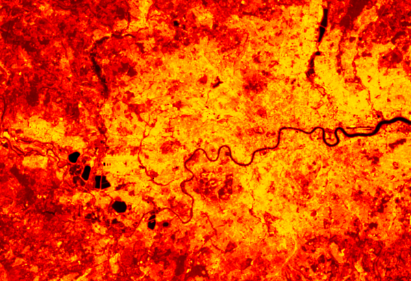 Satellite image showing London land surface temperature. Credit: NCEO-Leicester