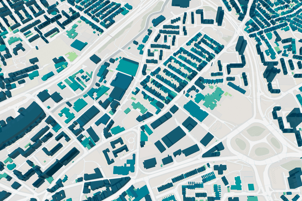 Map displaying OS MasterMap Topography Layer - Building Height Attribute