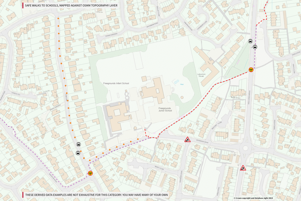 Derived data showing safer walking routes to school using OS MasterMap Topography Layer