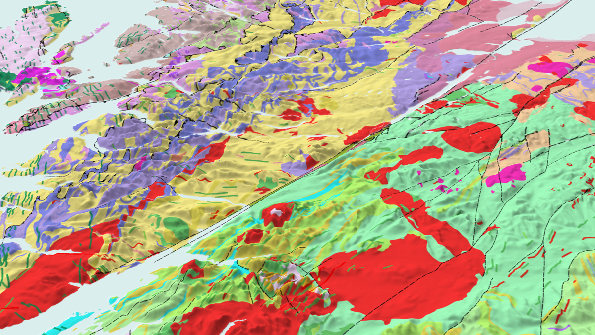A colourful 3D map of BGS data showing rock type and lithology