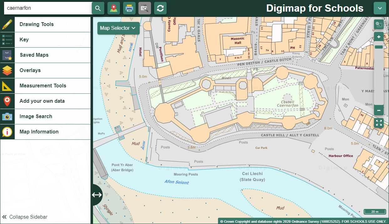 A screenshot of Digimap for Schools, showing a map of a castle