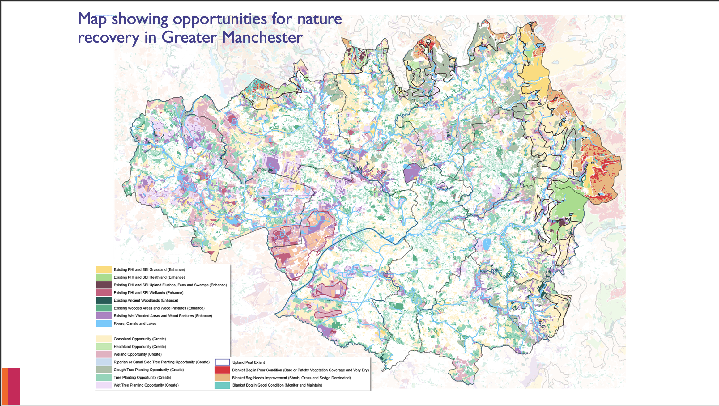A colourful GMEU map showing opportunities for nature recovery in Greater Manchester