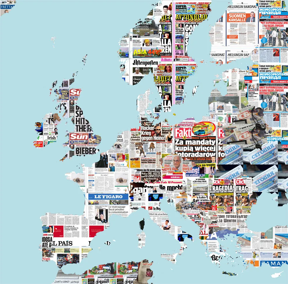 Map of best-selling newspapers in each country of Europe shown by the current front page (on the day of creation)