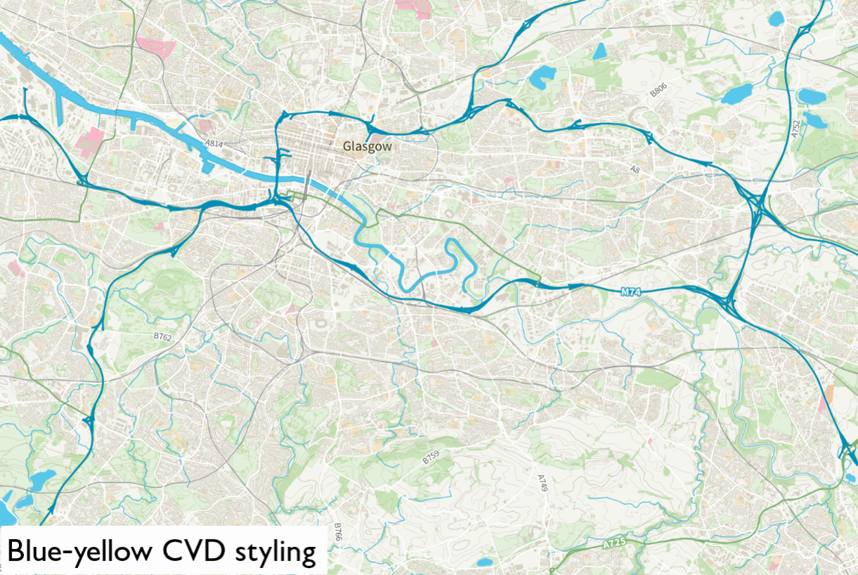 GIF illustrating the difference between various CVD styles and normal styling on a map of Glasgow