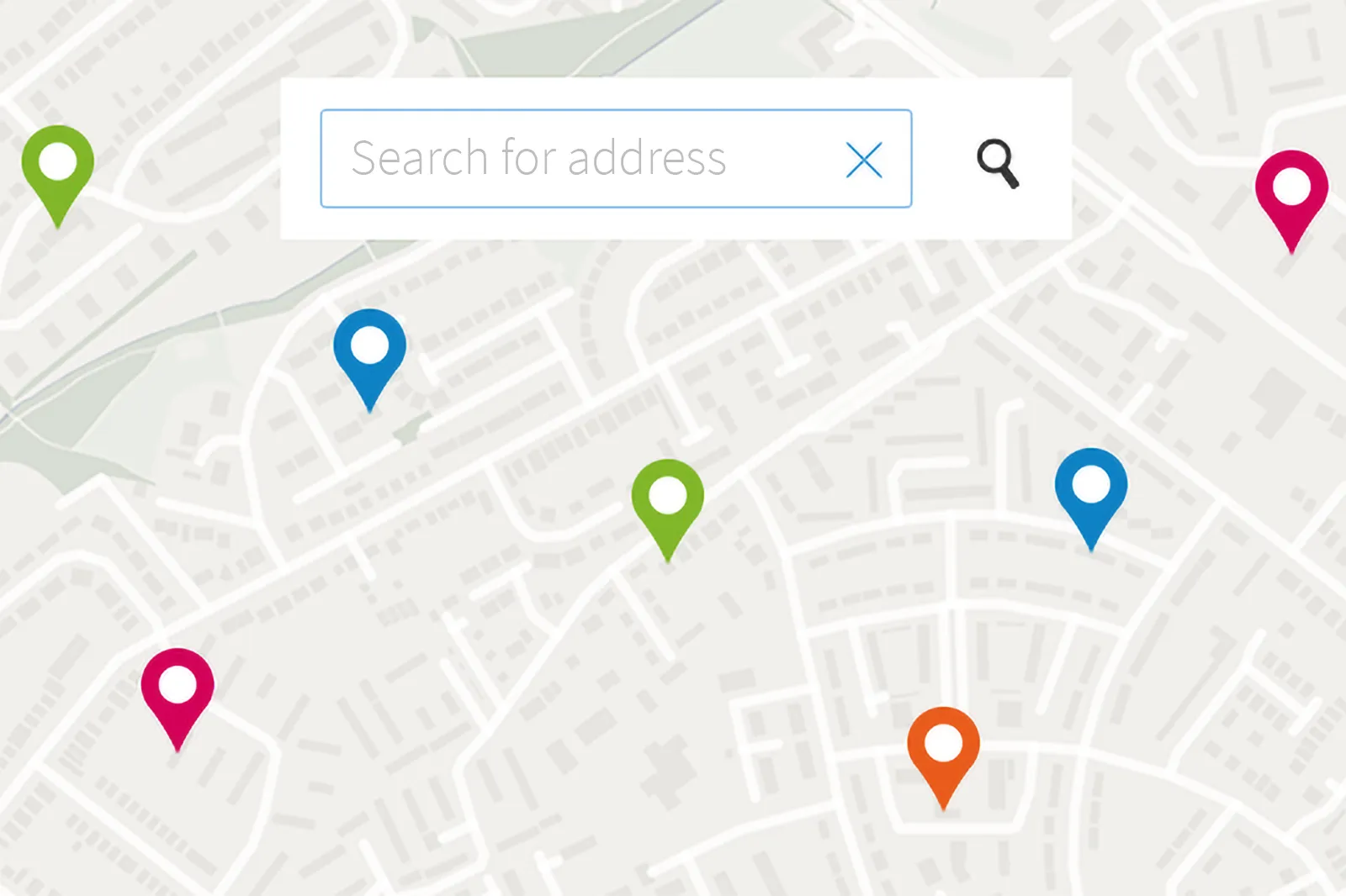 Pins on a map and a search bar