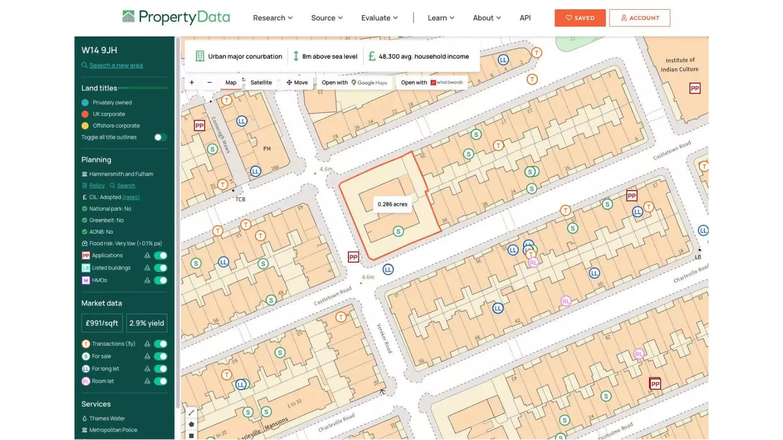 Screenshot showing PropertyData's PlotMap in use showing size of a plot