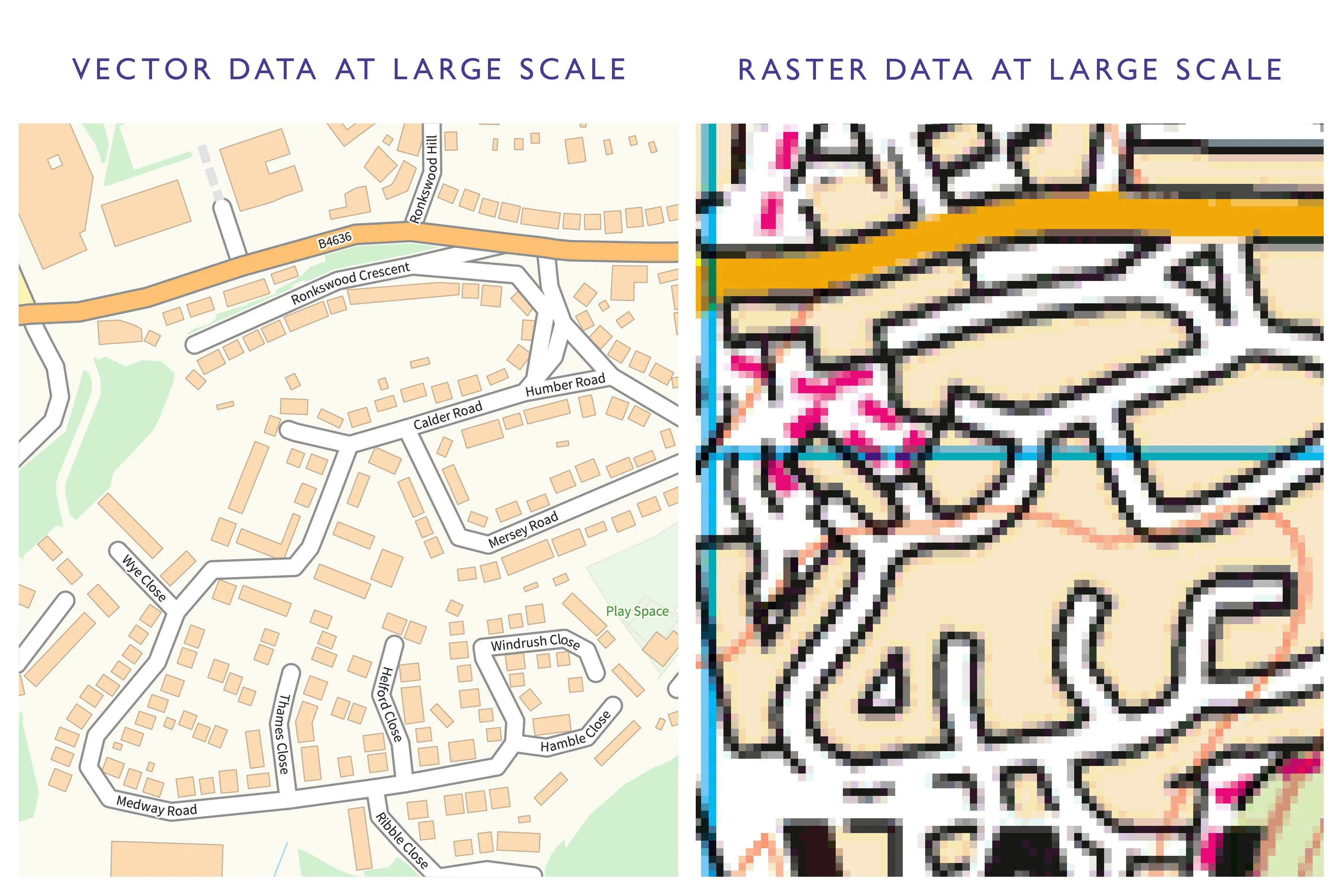 Image showing vector and raster data at large scale. Differences detailed in Vector data text