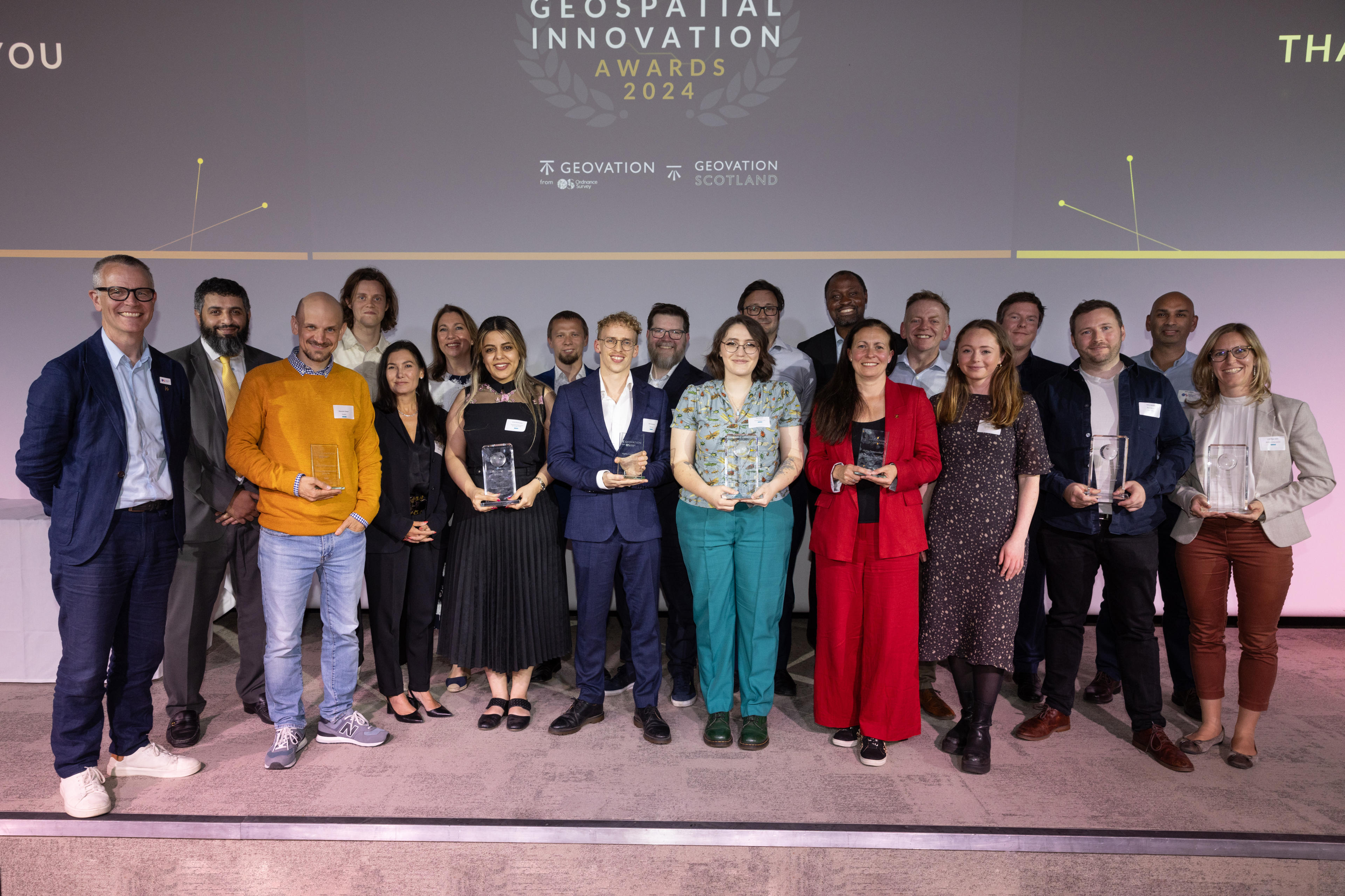 Winners, highly commended and judges at the Geospatial Innovation Awards